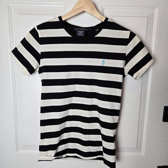 Ralph Lauren Sport Womens T-Shirt Top Small Black White Stripe Crew‎ Preppy - Picture 1 of 11